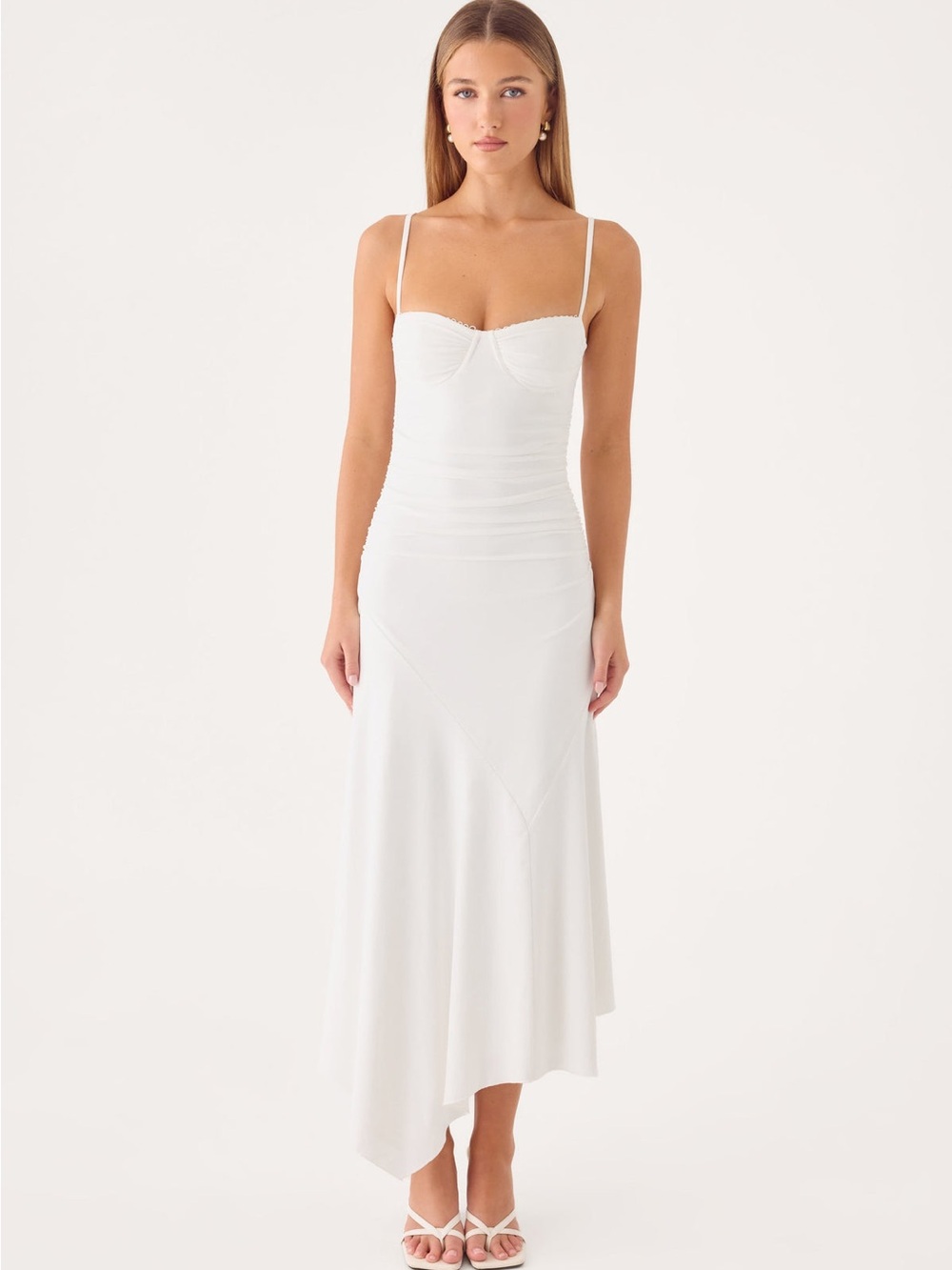 Peppermayo White Asymmetrical Spaghetti Strap Midi Dress